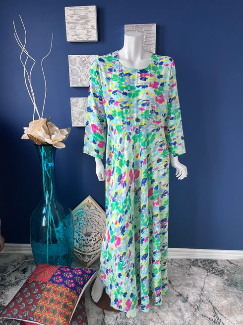 Green Printed Flared double layered Abaya Dress