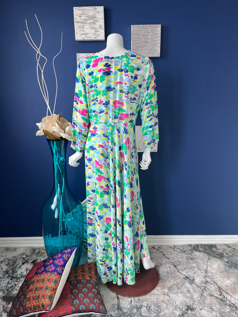 Green Printed Flared double layered Abaya Dress