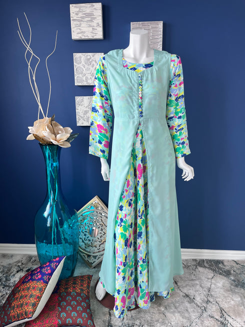 Green Printed Flared double layered Abaya Dress