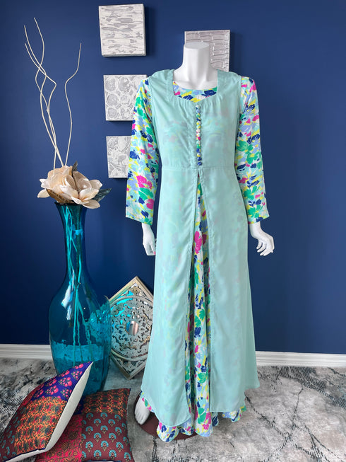 Green Printed Flared double layered Abaya Dress