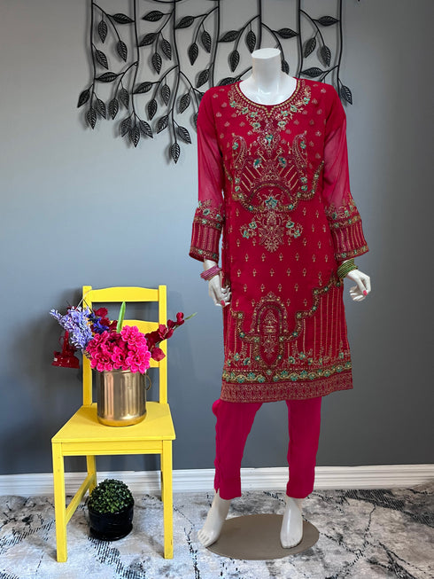 Hot Pink Full Embroidered Chiffon Three Piece