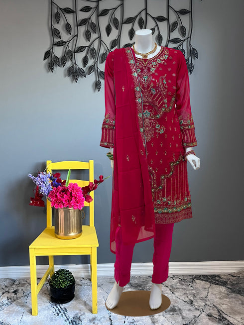 Hot Pink Full Embroidered Chiffon Three Piece