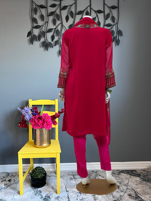Hot Pink Full Embroidered Chiffon Three Piece