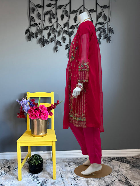 Hot Pink Full Embroidered Chiffon Three Piece
