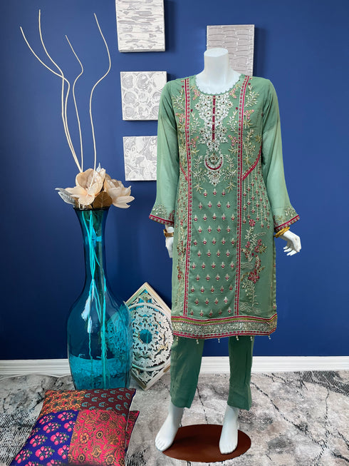 Sea Green Fully embroidered Chiffon Three piece