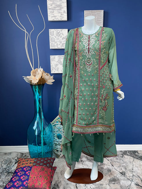 Sea Green Fully embroidered Chiffon Three piece