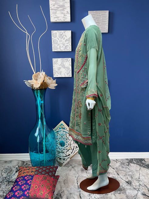 Sea Green Fully embroidered Chiffon Three piece