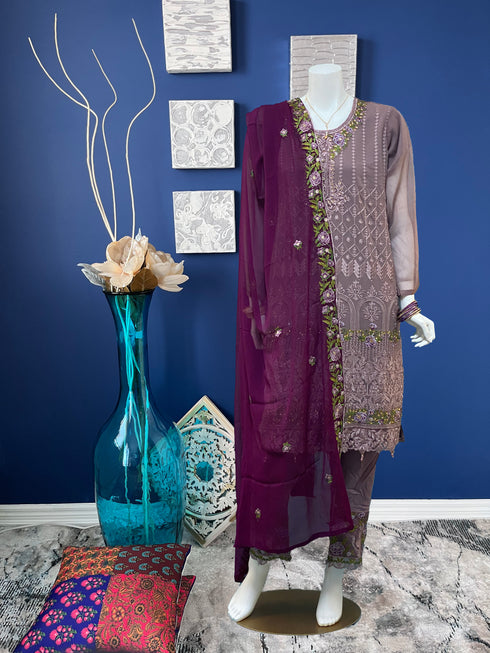 Mauve with Contrast Dupatta fully embroidered Three piece