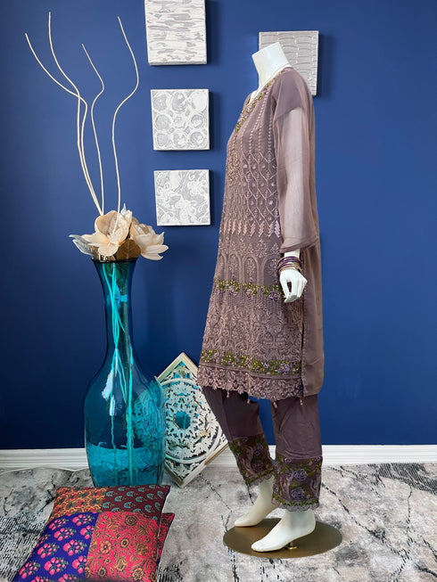 Mauve with Contrast Dupatta fully embroidered Three piece