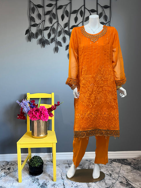 Tangerine Chiffon Fully Embroidered Three Piece