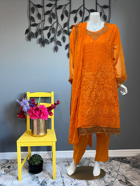 Tangerine Chiffon Fully Embroidered Three Piece