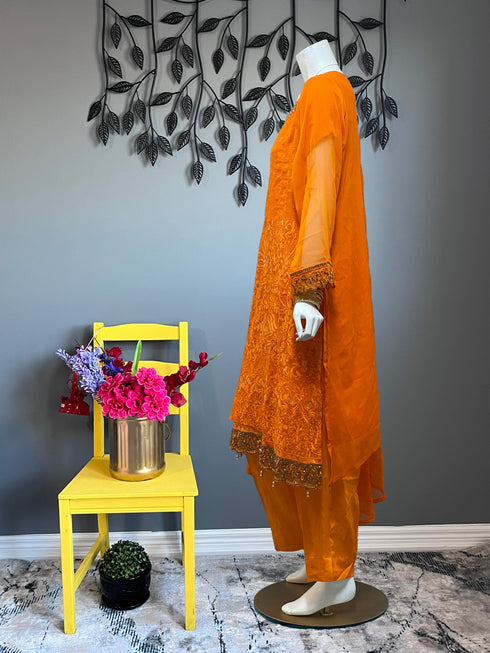 Tangerine Chiffon Fully Embroidered Three Piece