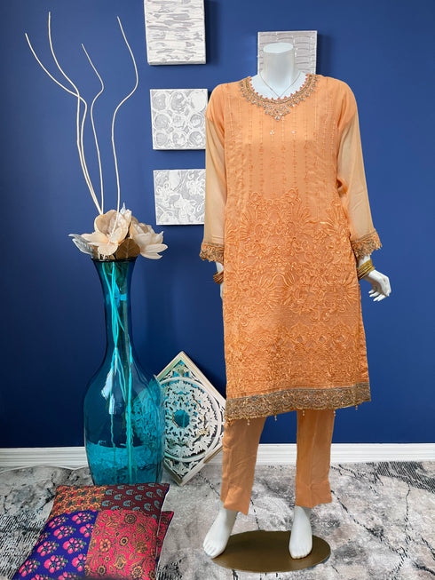 Orange Chiffon Embroidered Three Piece