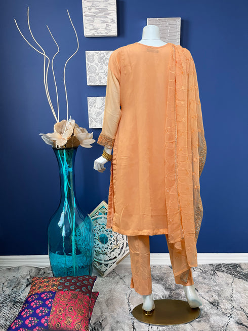 Orange Chiffon Embroidered Three Piece