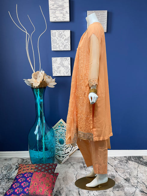 Orange Chiffon Embroidered Three Piece