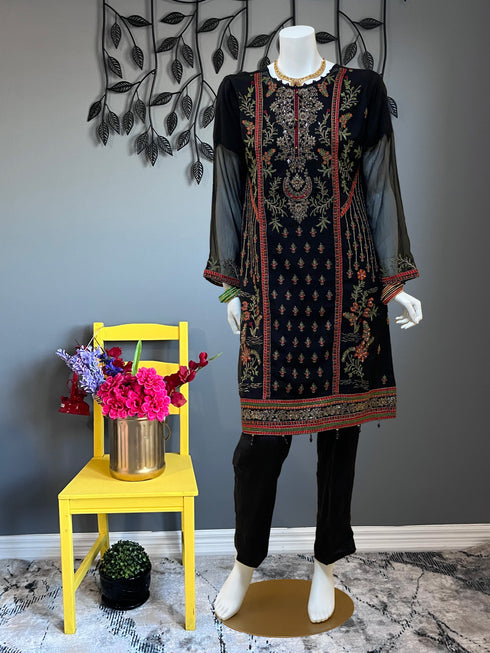 Black Embroidered with Contrast Dupatta three piece