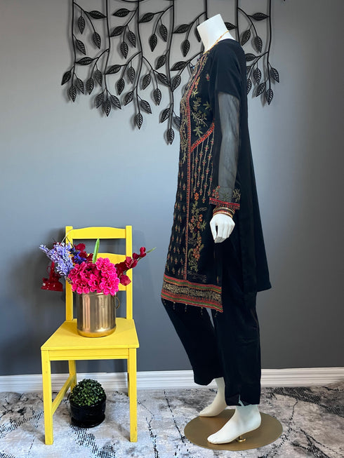 Black Embroidered with Contrast Dupatta three piece