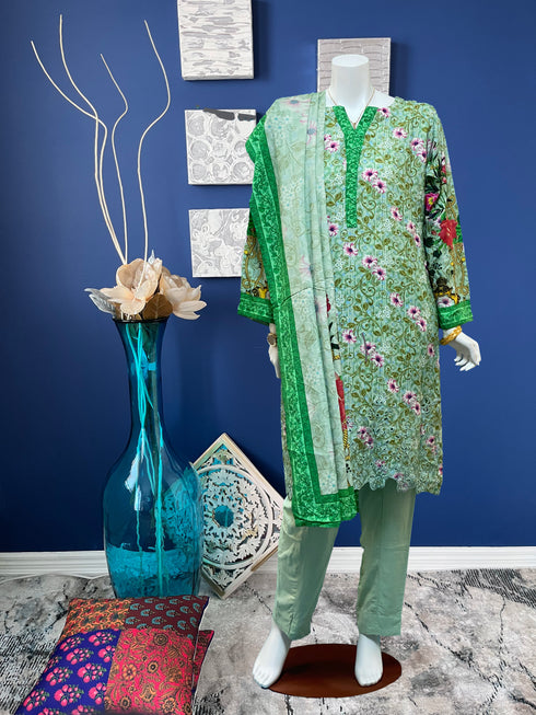 Green Chickankari Three Piece