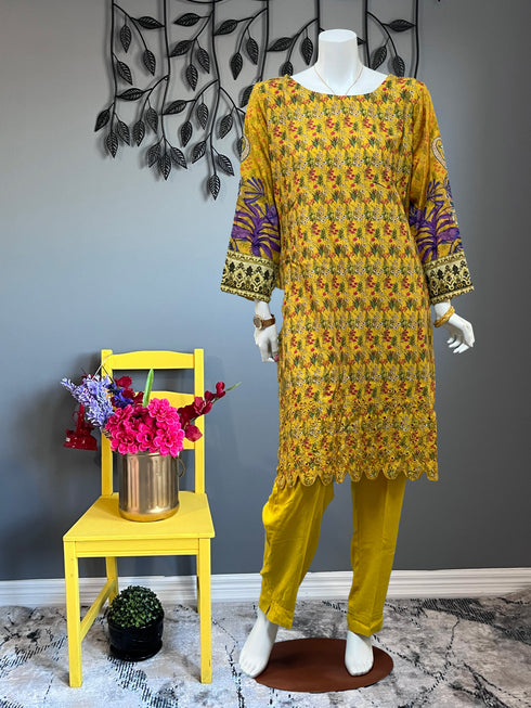 Yellow Chickankari Three piece