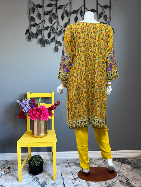 Yellow Chickankari Three piece