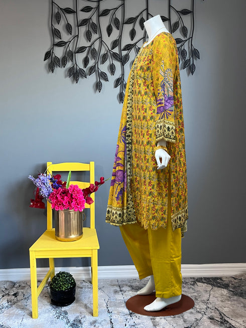 Yellow Chickankari Three piece
