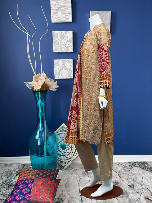 Light Brown Chickankari Three Piece
