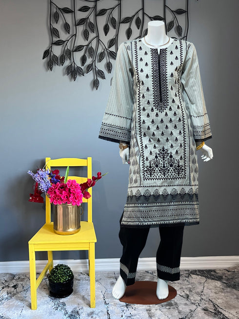 Black and Gray Embroidered Three Piece