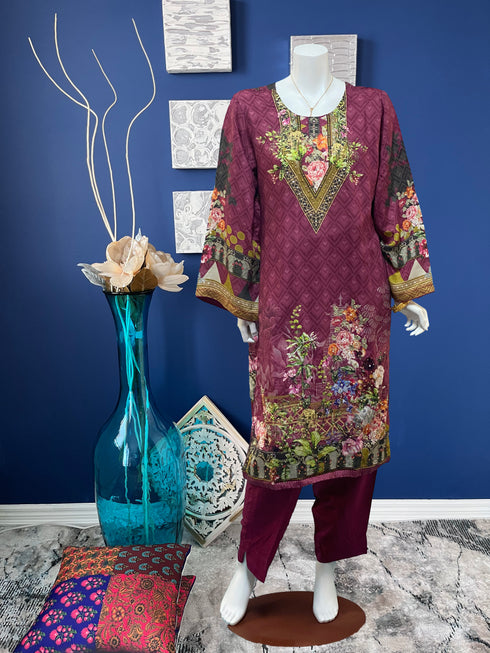 Viscose beads work Three Piece in Plum