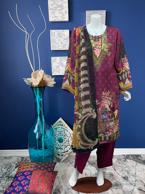 Viscose beads work Three Piece in Plum