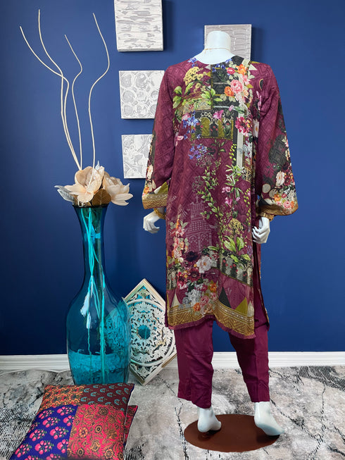 Viscose beads work Three Piece in Plum