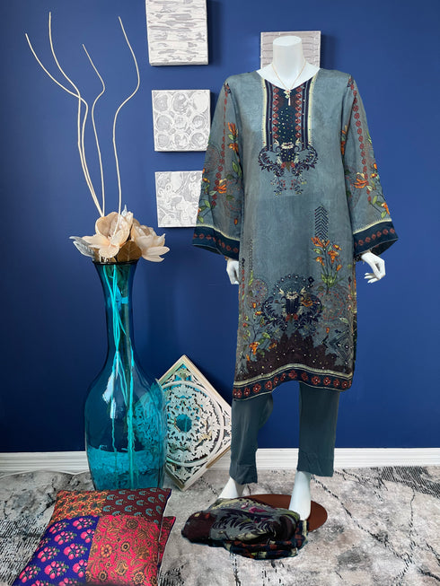 Ash Gray floral Print Viscose Three Piece