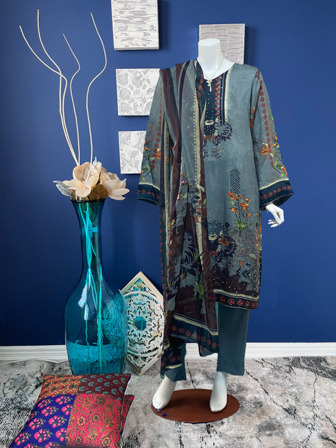 Ash Gray floral Print Viscose Three Piece