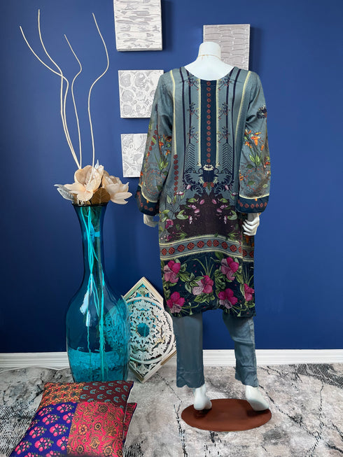 Ash Gray floral Print Viscose Three Piece