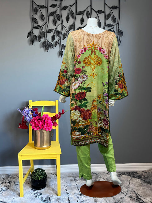 Lime Green Beads work Three Piece with Chiffon Dupatta