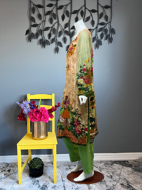 Lime Green Beads work Three Piece with Chiffon Dupatta