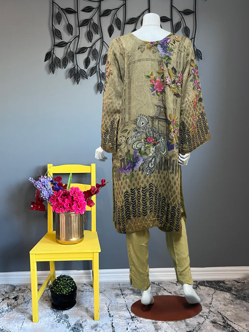 Olive beads work Three Piece with chiffon Dupatta