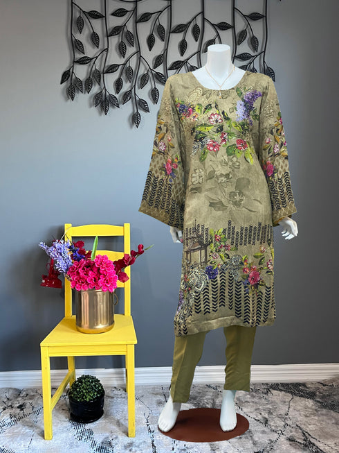 Olive beads work Three Piece with chiffon Dupatta
