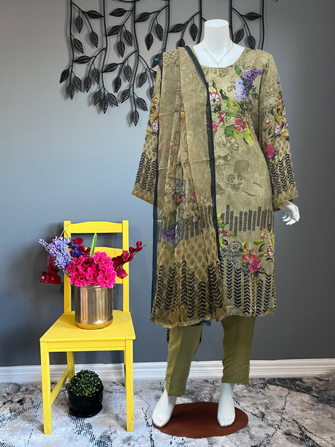 Olive beads work Three Piece with chiffon Dupatta
