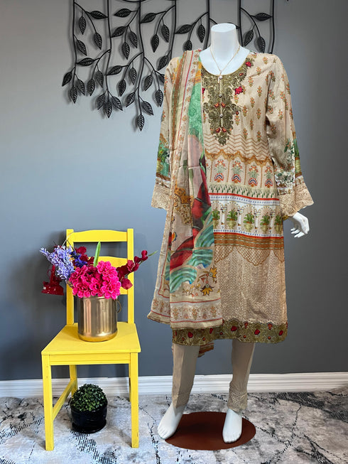 Beige and Gold with Chickankari Three Piece