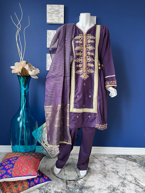 Embroidered Purple Three Piece