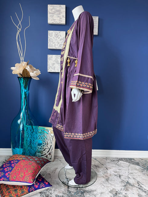 Embroidered Purple Three Piece