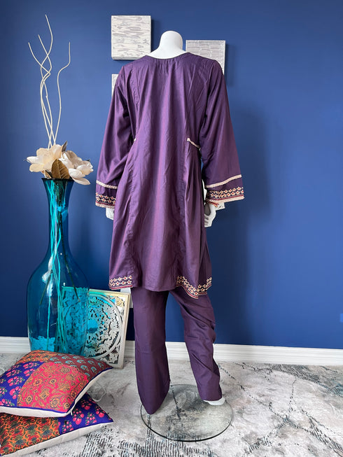 Embroidered Purple Three Piece