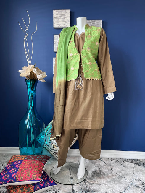 Olive Three piece with embroidered koti