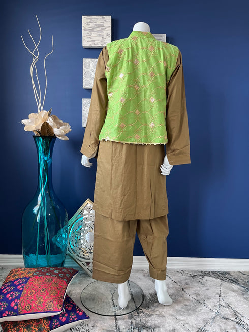 Olive Three piece with embroidered koti