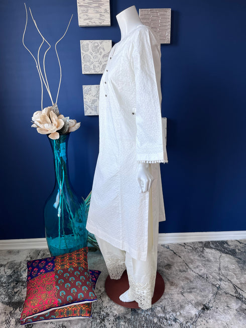 White A-line self print shirt with split neckline and side Pocket