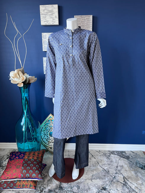 Blue with geometric print A-line shirt with split neckline button detailing