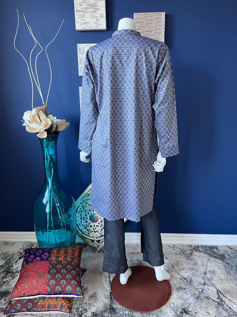 Blue with geometric print A-line shirt with split neckline button detailing