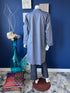 Blue with geometric print A-line shirt with split neckline button detailing