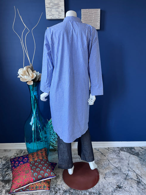 Blue Striped A-line open shirt with pockets