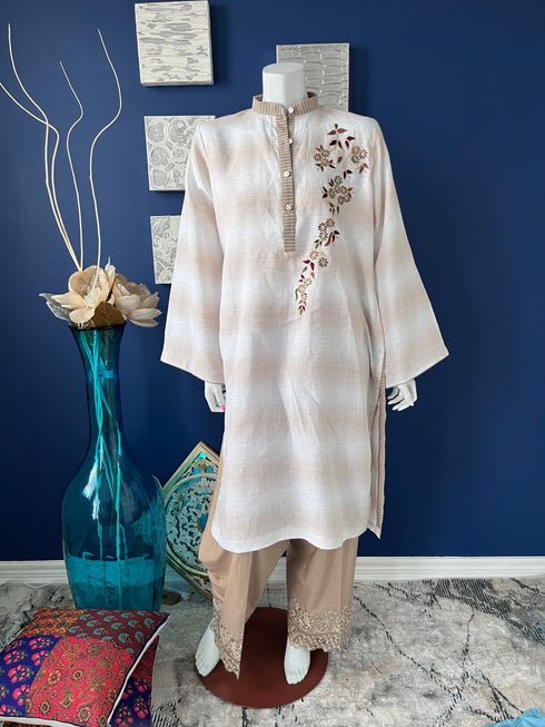 White and Beige Embroidered front Kurti